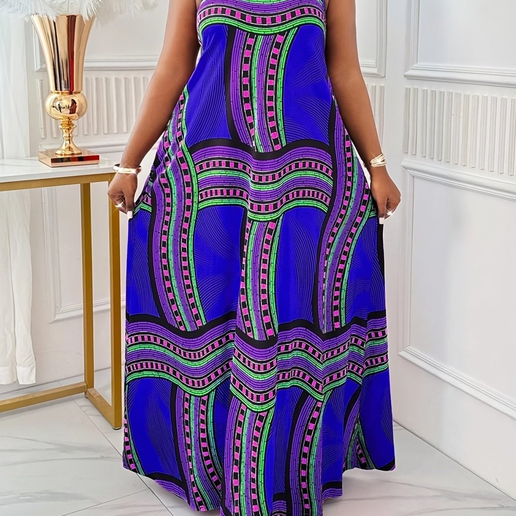 Plus Size Elegant Printed Maxi Dress with Straps & Pockets – Spring Summer Style - Free Delivery Worldwide only at Flexi Africa