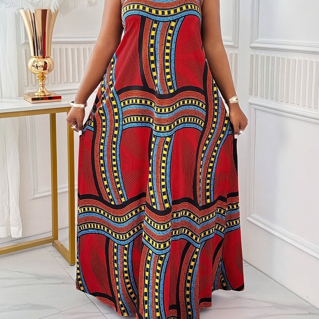 Plus Size Elegant Printed Maxi Dress with Straps & Pockets – Spring Summer Style - Free Delivery Worldwide only at Flexi Africa