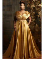 Plus Size Formal Evening Satin Dress Elegant Tierred V - Neck Sleeveless Gold Luxury High Waist A - Line Party Wedding Maxi Dresses - Free Delivery Worldwide only at Flexi Africa