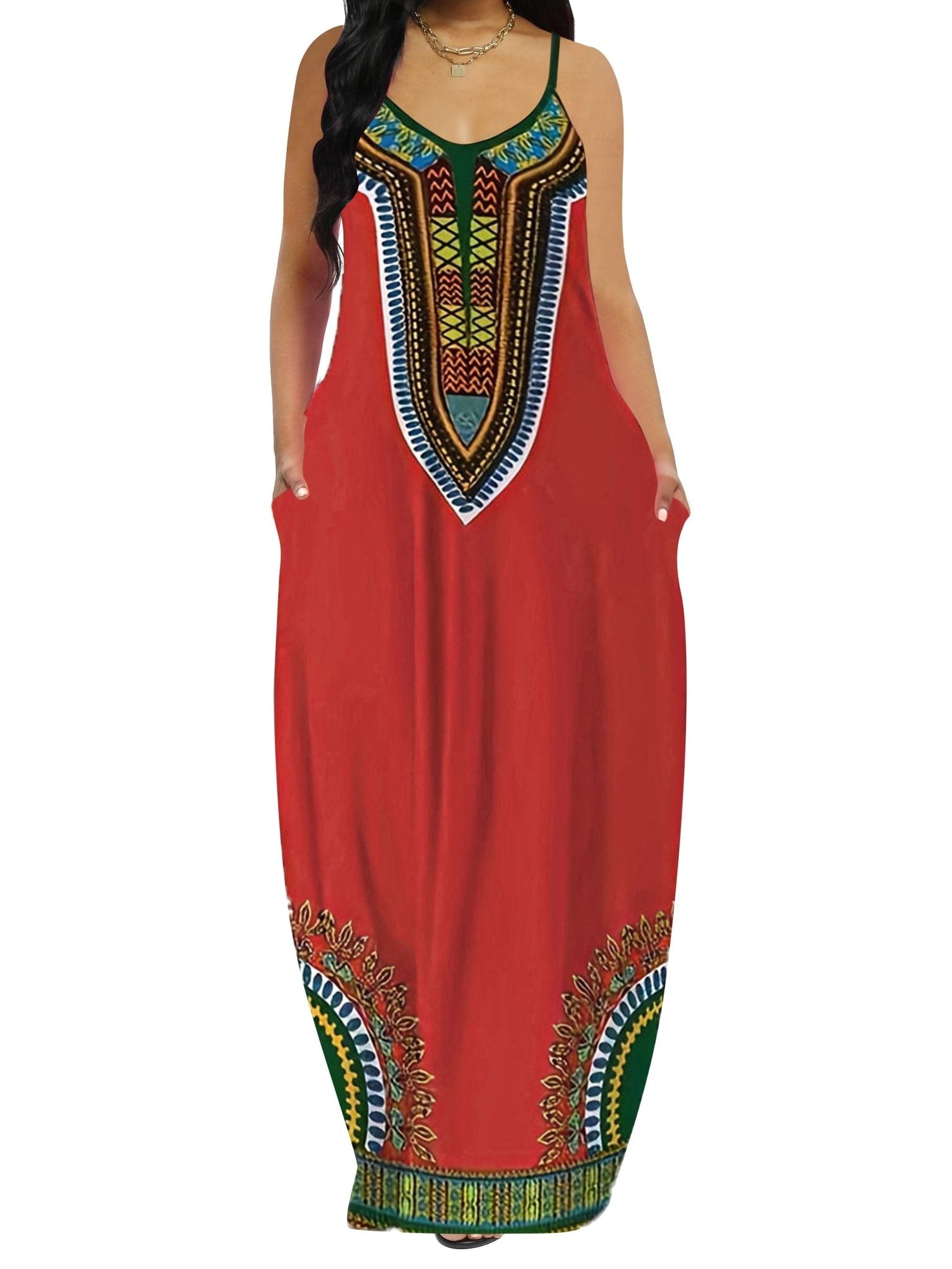 Plus Size Woman Print Cami Dress, Casual Pocket Long Length Strap Dress - Free Delivery Worldwide only at Flexi Africa