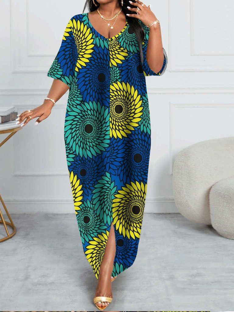 Plus Size Women’s African Wax Print Maxi Dress – A - Line Fitted Gown with Short Sleeves - Free Delivery Worldwide only at Flexi Africa