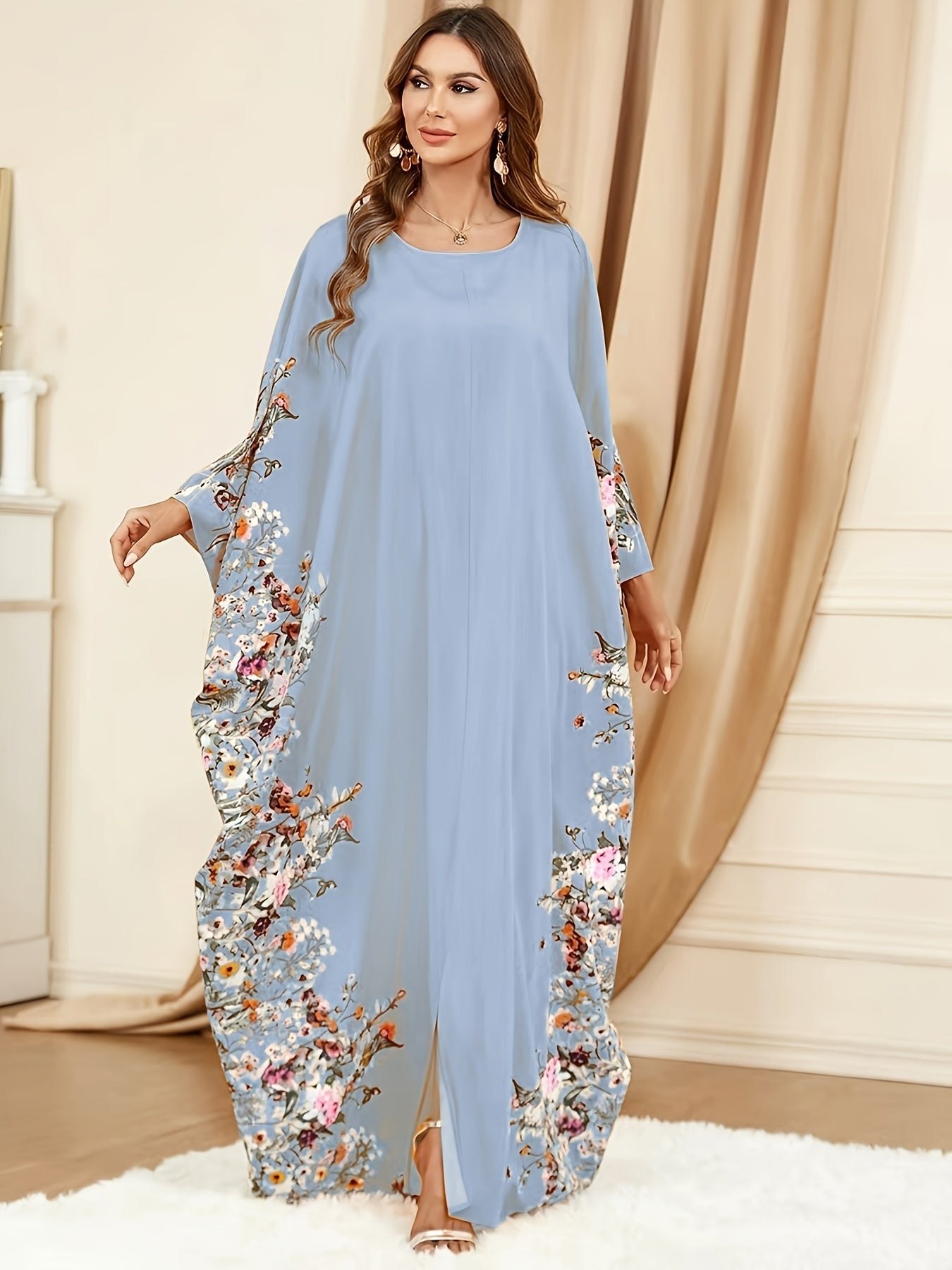 Ramadan Floral Print Crew Neck Kaftan, Elegant Batwing Sleeve Split Maxi Dress - Free Delivery Worldwide only at Flexi Africa