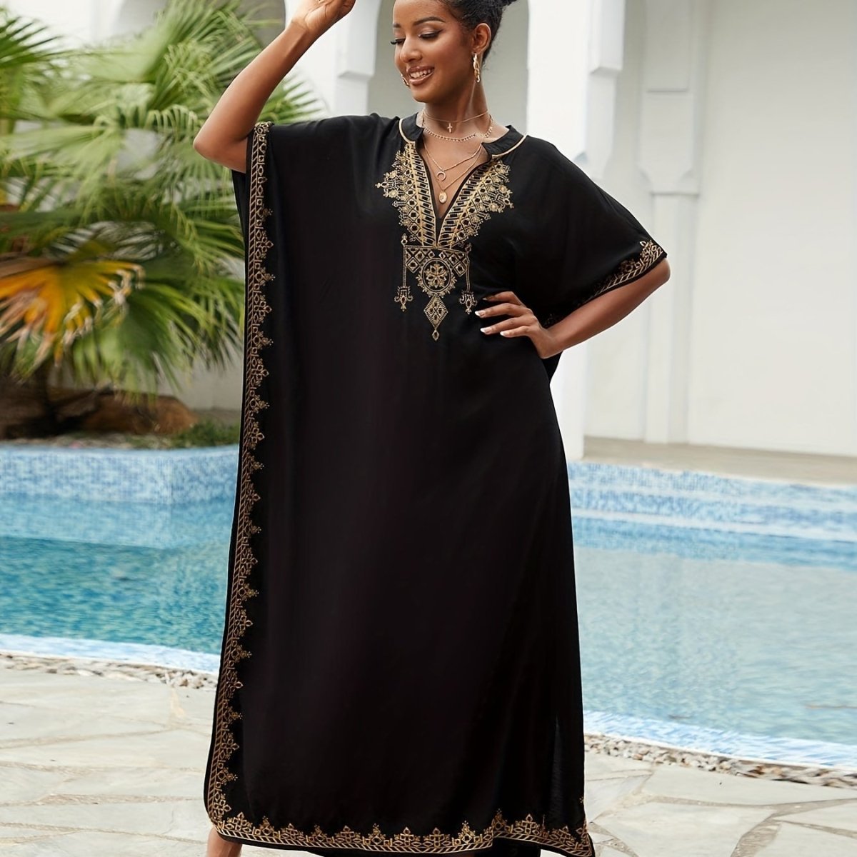 Ramadan Plus Size Boho Kaftan Dress - Golden Embroidered Sleeve Notched Neck Maxi Cover Up Dress - Free Delivery Worldwide