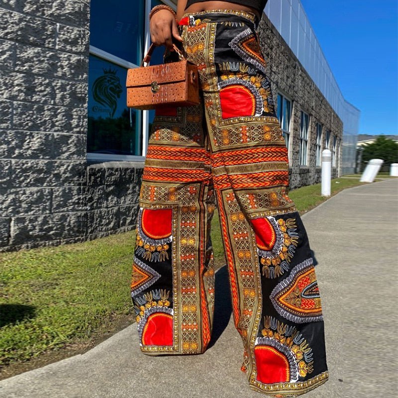 Spring Fall Holiday Boho Wide Leg Pants Elastic Waist Dashiki Print African Clothing Women Casual Long Trousers Flexi Africa