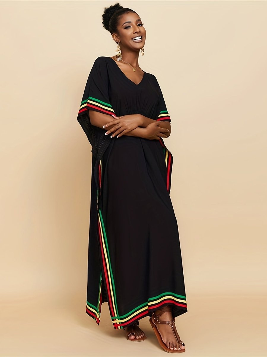 Striped Print V - Neck Batwing Sleeve Cover Up Dress, Side Split Loose Black Elegant Beach Kaftan - Free Delivery Worldwide