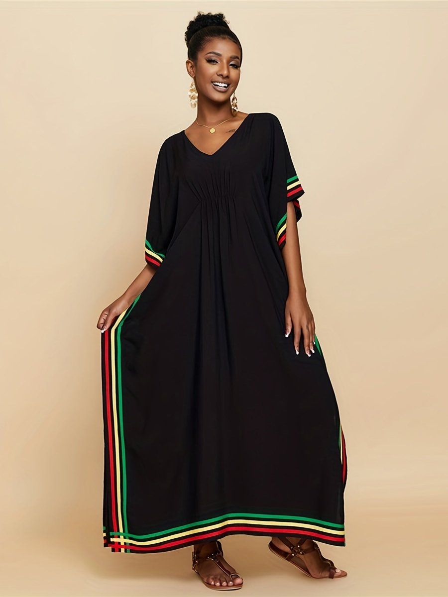 Striped Print V - Neck Batwing Sleeve Cover Up Dress, Side Split Loose Black Elegant Beach Kaftan - Free Delivery Worldwide