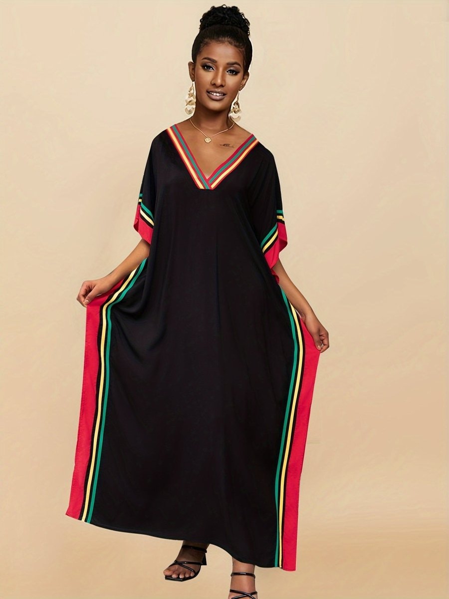 Striped Print V - Neck Batwing Sleeve Cover Up Dress, Side Split Loose Black Elegant Beach Kaftan - Free Delivery Worldwide