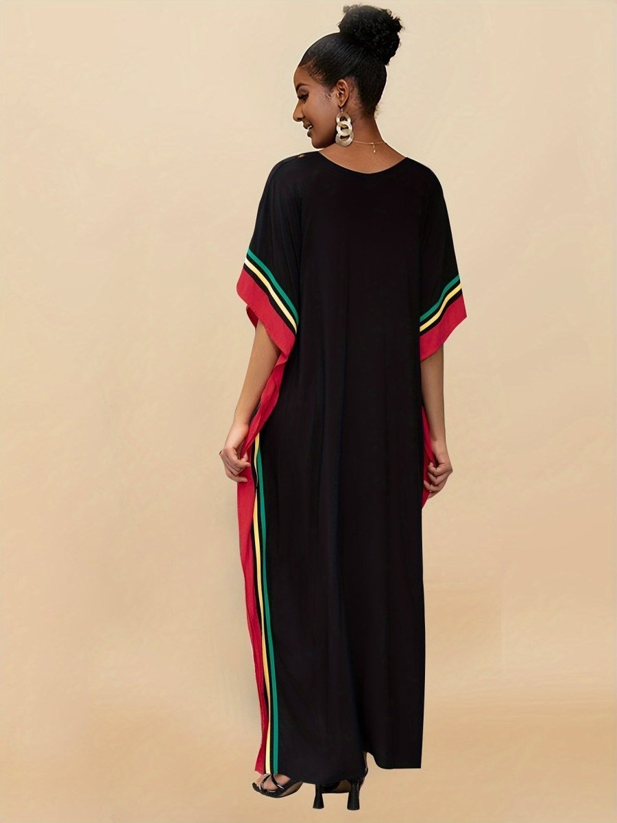 Striped Print V - Neck Batwing Sleeve Cover Up Dress, Side Split Loose Black Elegant Beach Kaftan - Free Delivery Worldwide