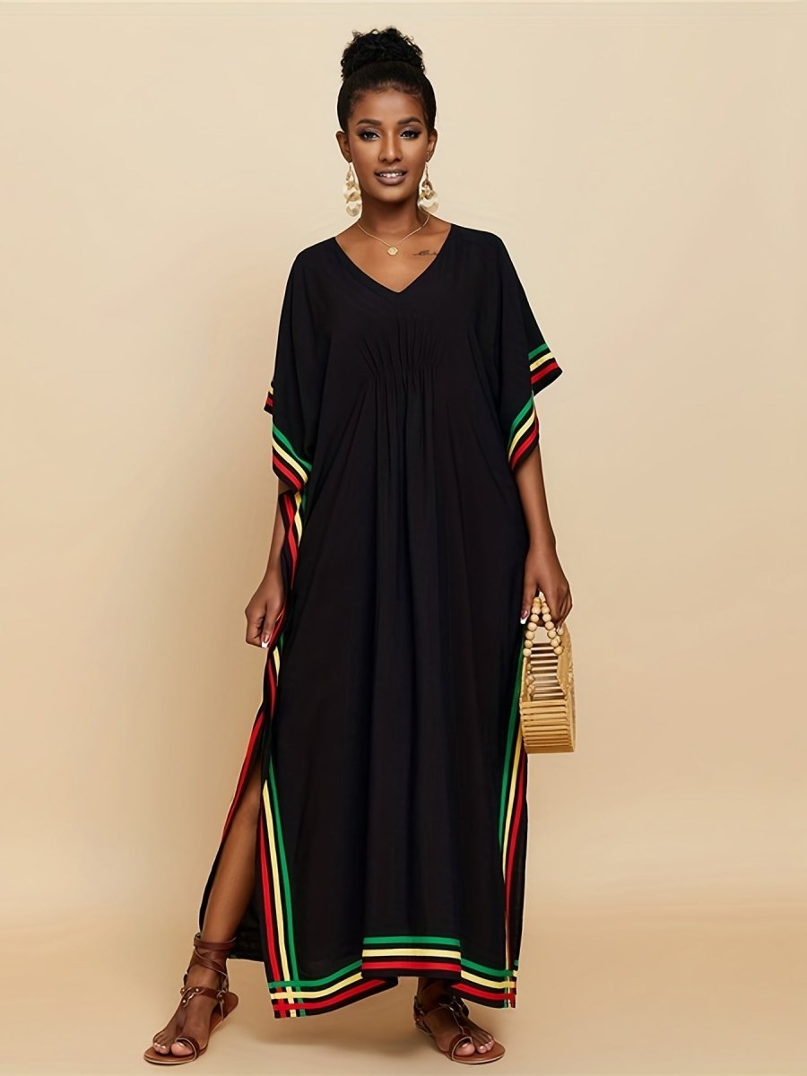 Striped Print V - Neck Batwing Sleeve Cover Up Dress, Side Split Loose Black Elegant Beach Kaftan - Free Delivery Worldwide