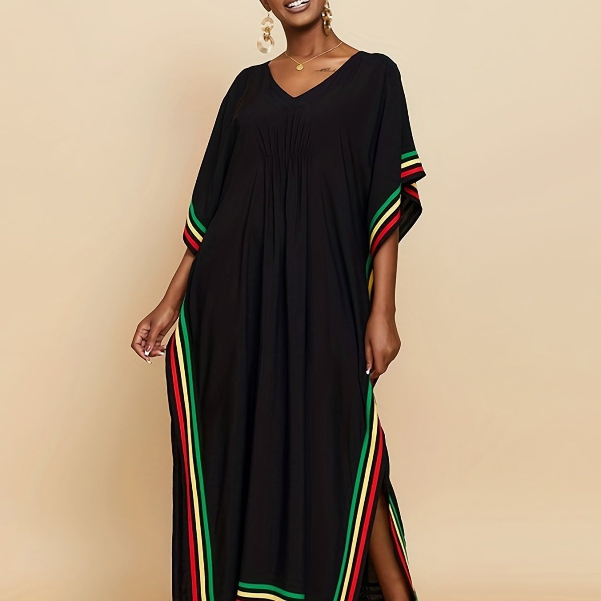 Striped Print V - Neck Batwing Sleeve Cover Up Dress, Side Split Loose Black Elegant Beach Kaftan - Free Delivery Worldwide