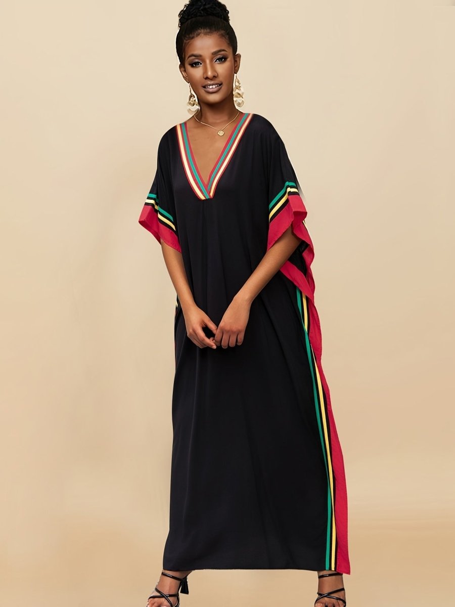 Striped Print V - Neck Batwing Sleeve Cover Up Dress, Side Split Loose Black Elegant Beach Kaftan - Free Delivery Worldwide