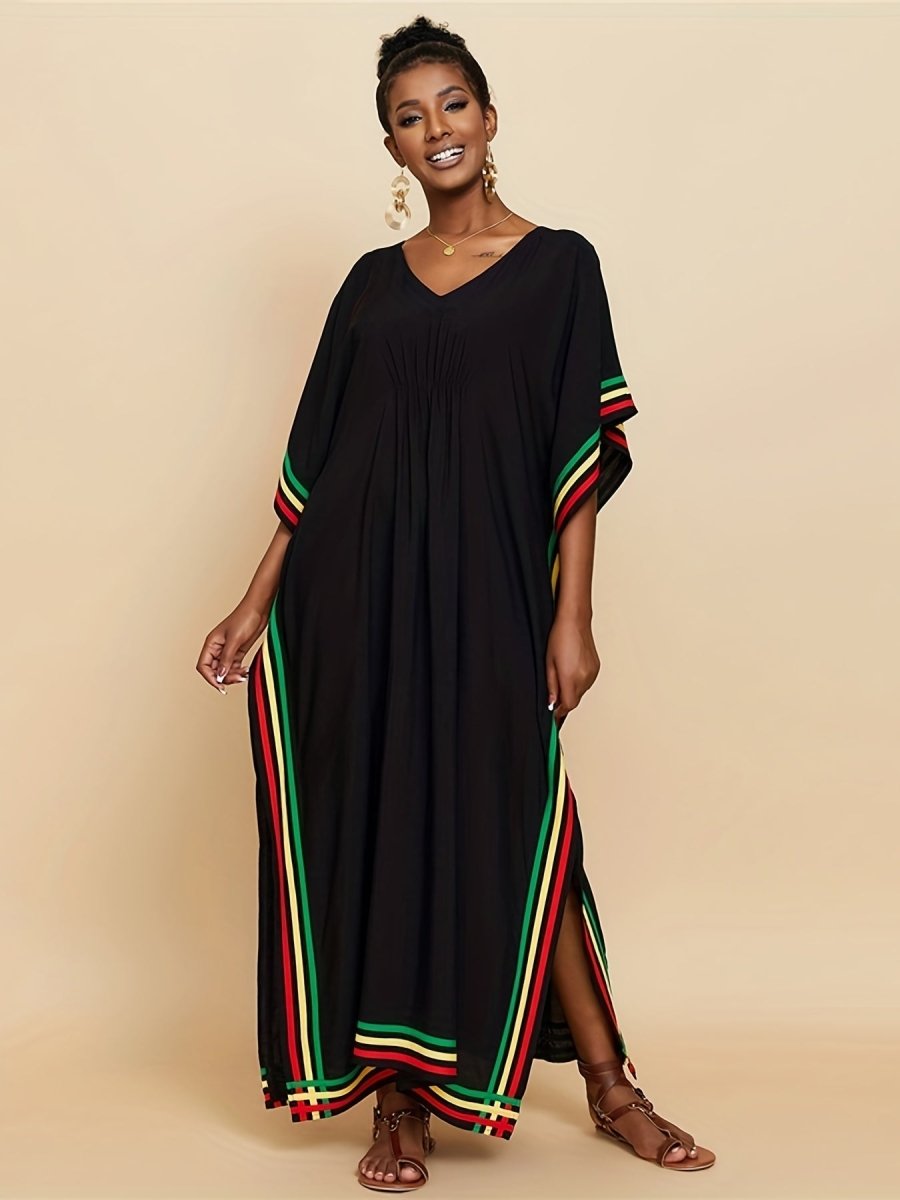 Striped Print V - Neck Batwing Sleeve Cover Up Dress, Side Split Loose Black Elegant Beach Kaftan - Free Delivery Worldwide