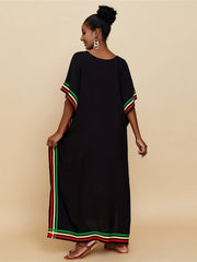 Striped Print V - Neck Batwing Sleeve Cover Up Dress, Side Split Loose Black Elegant Beach Kaftan - Free Delivery Worldwide