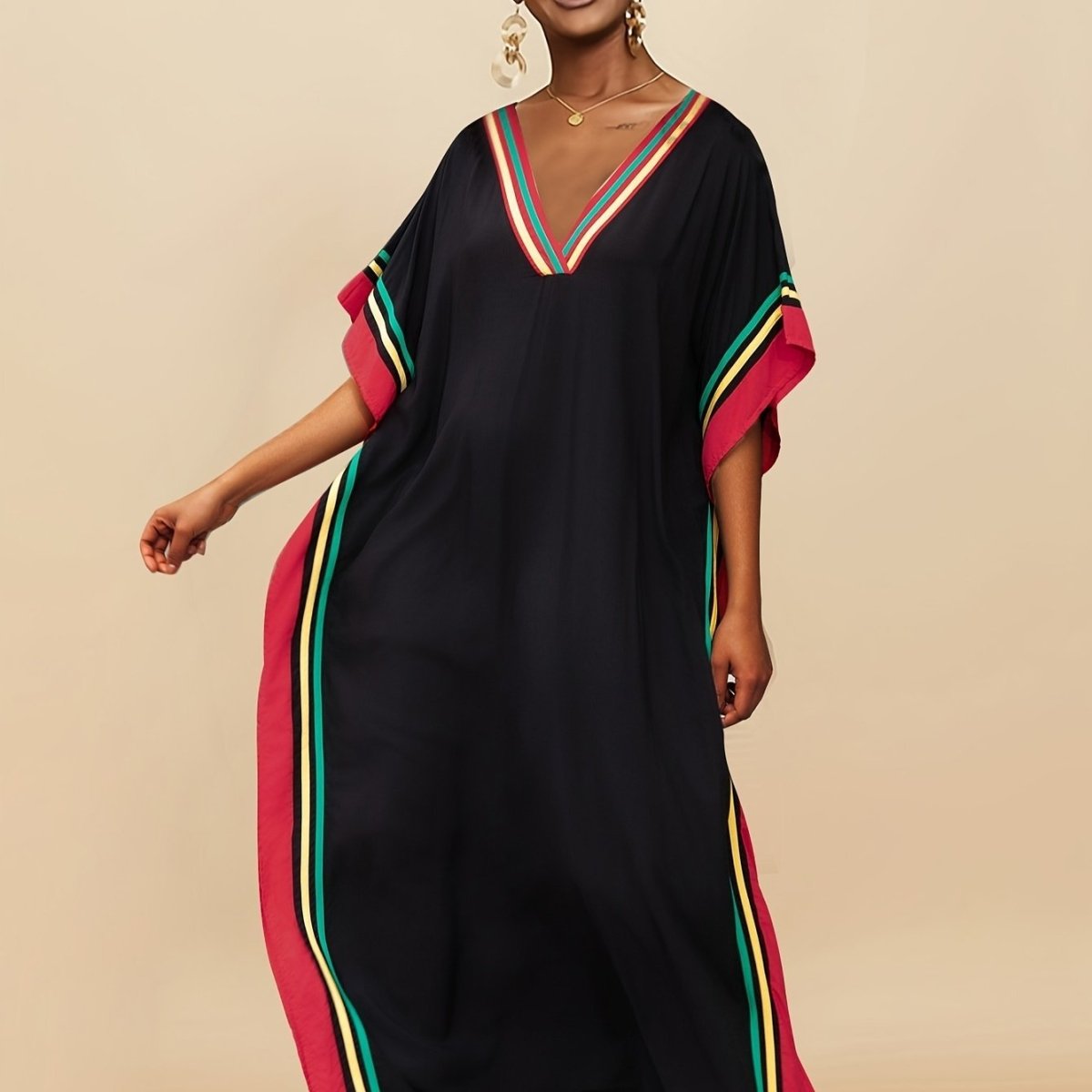 Striped Print V - Neck Batwing Sleeve Cover Up Dress, Side Split Loose Black Elegant Beach Kaftan - Free Delivery Worldwide