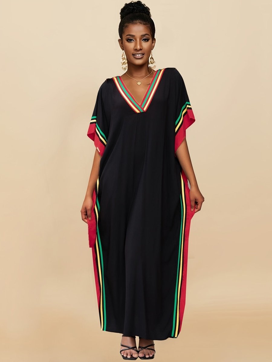 Striped Print V - Neck Batwing Sleeve Cover Up Dress, Side Split Loose Black Elegant Beach Kaftan - Free Delivery Worldwide