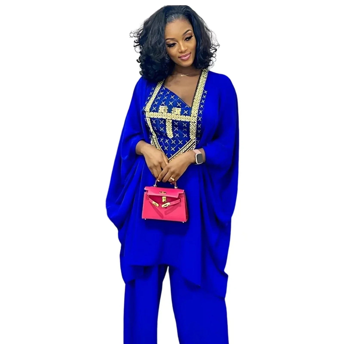 Stylish African Ensemble: Embroidered 3/4 Sleeve Top with Matching Pants for Women - Flexi Africa - www.flexiafrica.com