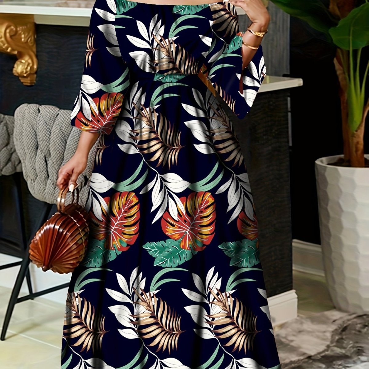 Tribal Print Off - Shoulder Belted Dress – Vintage Ruffle Hem Swing A - Line with Lantern Sleeves, Women's Fashion - Free Delivery Worldwide only at Flexi Africa