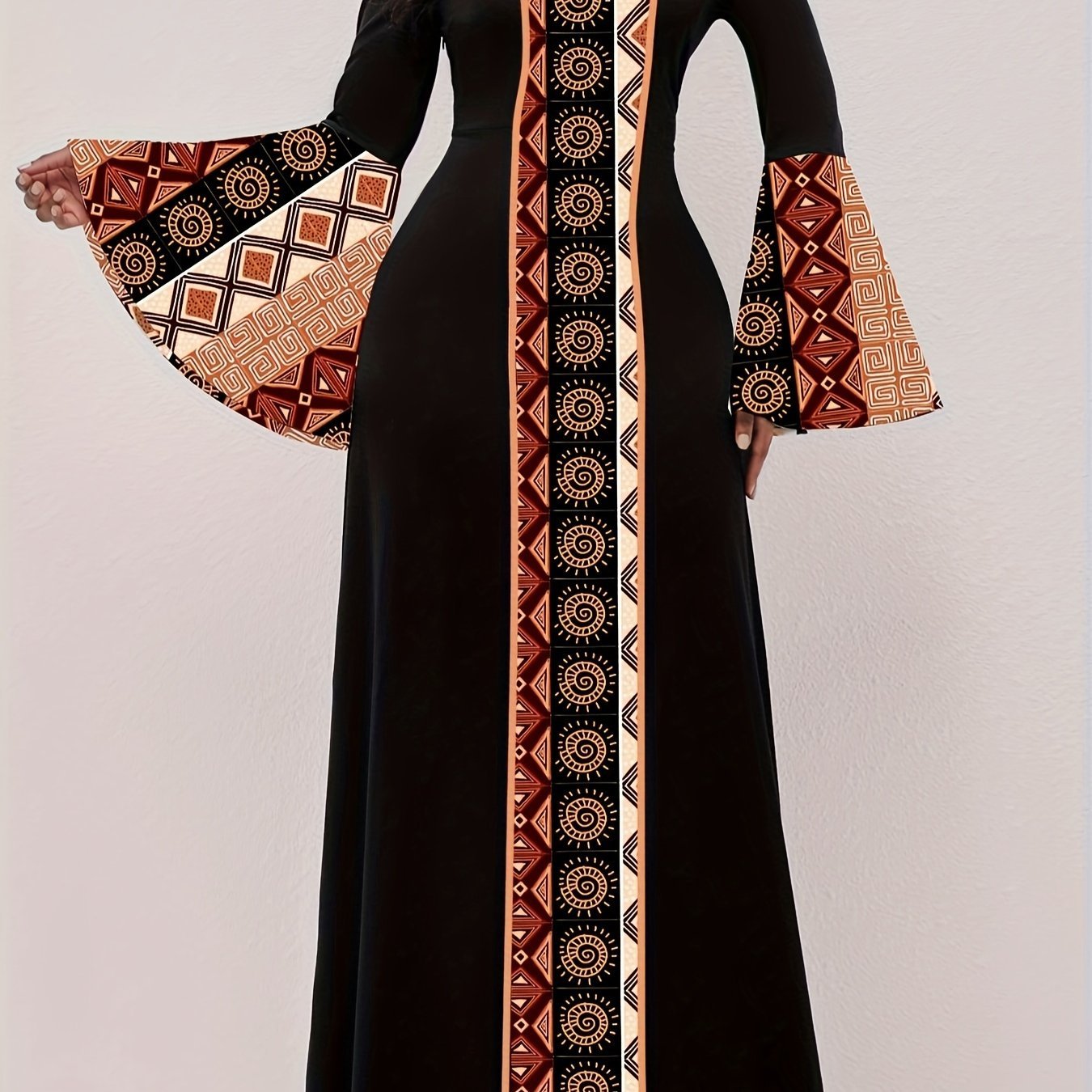 Tribal Print Patchwork Waist Maxi Dress, Elegant Flared Long Sleeve V - neck - Free Delivery Worldwide only at Flexi Africa