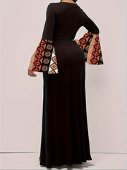 Tribal Print Patchwork Waist Maxi Dress, Elegant Flared Long Sleeve V - neck - Free Delivery Worldwide only at Flexi Africa