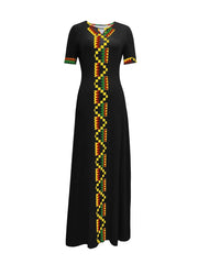 Vibrant Ethnic Print Maxi Dress - Chic Keyhole Detail, Relaxed Crew Neck, Short Sleeves, Flowy Floor - Sweeping Style - Free Delivery Worldwide only at Flexi Africa