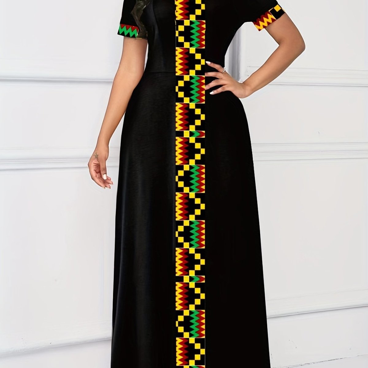 Vibrant Ethnic Print Maxi Dress - Chic Keyhole Detail, Relaxed Crew Neck, Short Sleeves, Flowy Floor - Sweeping Style - Free Delivery Worldwide only at Flexi Africa