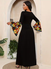 Vibrant Ethnic Print Maxi Dress - Fashionable Splicing, Flared Sleeves, V - Neck - Premium Feminine Style - Free Delivery Worldwide only at Flexi Africa