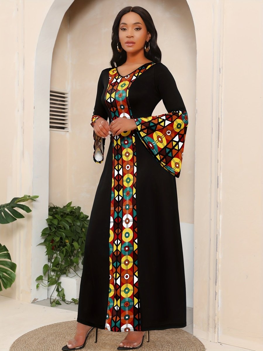 Vibrant Ethnic Print Maxi Dress - Fashionable Splicing, Flared Sleeves, V - Neck - Premium Feminine Style - Free Delivery Worldwide only at Flexi Africa