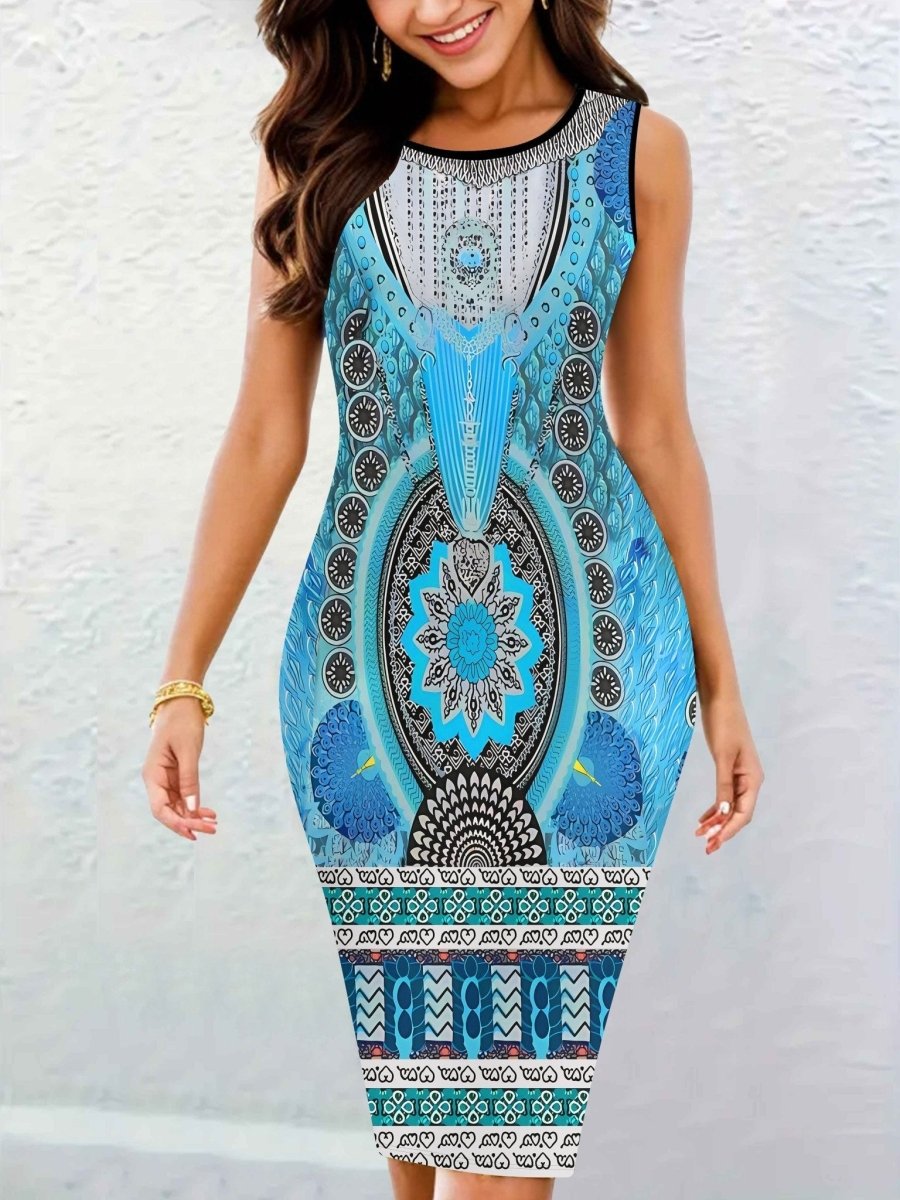 Vibrant Graphic Print Crew Neck Tank Dress - Sleeveless Bodycon Fit for a Flattering Silhouette - Free Delivery Worldwide