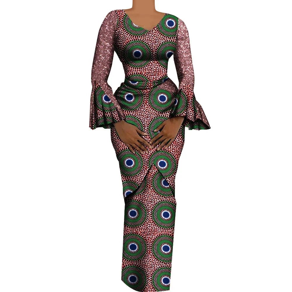 Women's African Outfits 2 Pieces Set Shiny Flare Sleeves V Neck Tops and Long Pencil Skirts African Clothes for Women