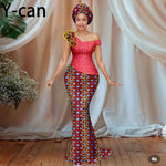 Women’s African Ankara Floral Gown – One - Shoulder Sexy Party Dress with Matching Headscarf - Free Delivery Worldwide only at Flexi Africa