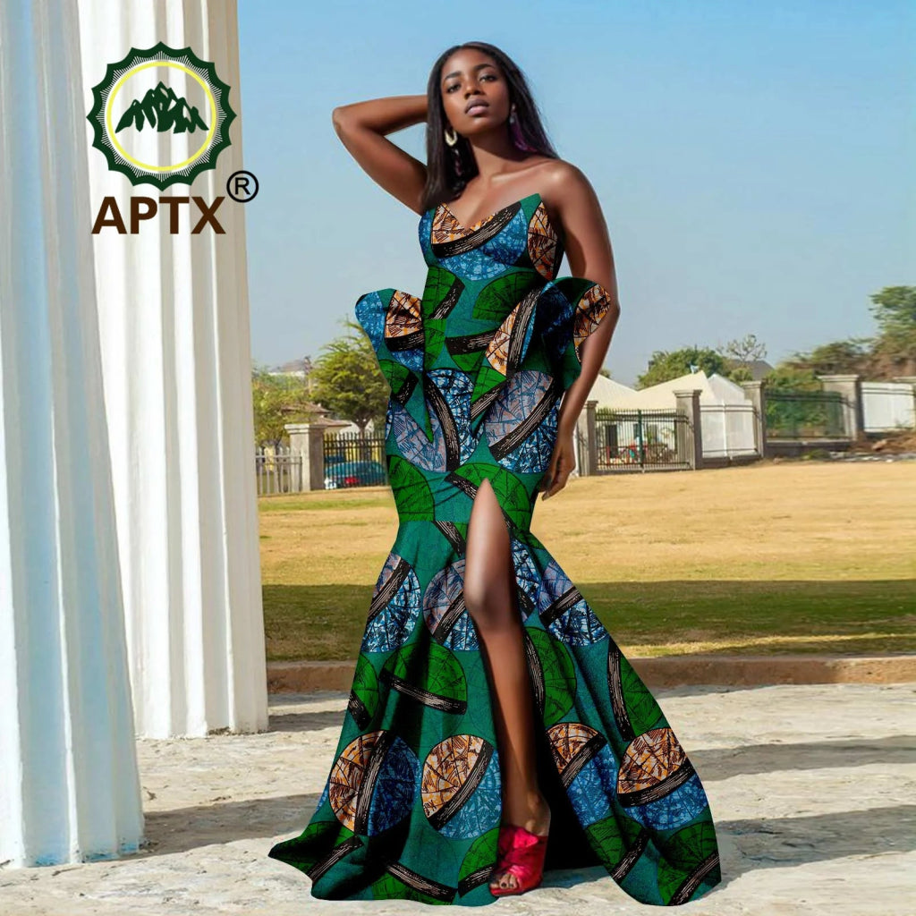 Women’s African Ankara Strapless Dress – Elegant High - Waist Slit Dashiki Party Gown - Free Delivery Worldwide only at Flexi Africa