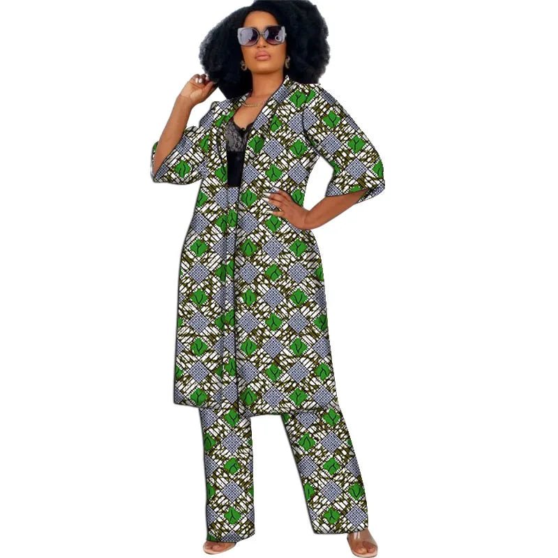Women’s African Couture Trench Set – Collarless 3/4 Sleeve Print Windbreaker Cardigan with Pants - Free Delivery Worldwide only at Flexi Africa