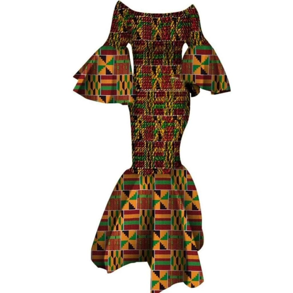 Women’s African Print Ankara Long Dress – Stretch Fit with Ruffle Sleeves - Free Delivery Worldwide only at Flexi Africa