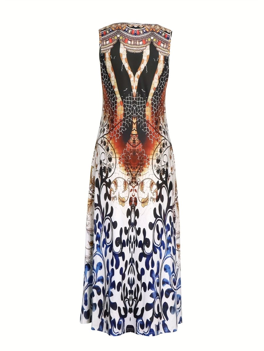 Women'S African Tribal Beaded Necklace Printed Maxi Dress, Strapless Knit Polyester Spandex, Notched Collar, Fitted Style, Spring/Summer/Fall Collection, 140 g/m² Fabric Weight - Free Delivery Worldwide only at Flexi Africa