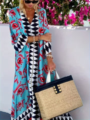 Buy Women's V-Neck Geometric Print Loose Fit Maxi Dress - Beach Vacation Style w/Short Sleeves