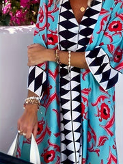 Buy Women's V-Neck Geometric Print Loose Fit Maxi Dress - Beach Vacation Style w/Short Sleeves