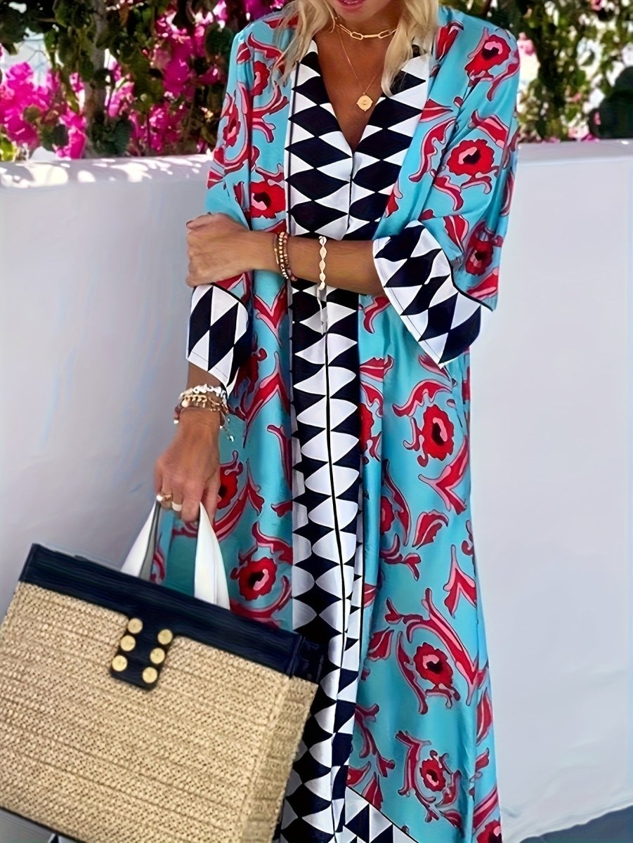 Buy Women's V-Neck Geometric Print Loose Fit Maxi Dress - Beach Vacation Style w/Short Sleeves