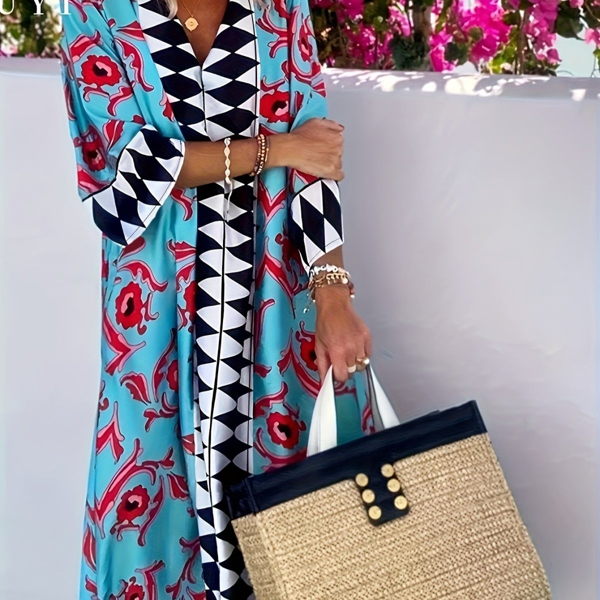 Buy Women's V-Neck Geometric Print Loose Fit Maxi Dress - Beach Vacation Style w/Short Sleeves