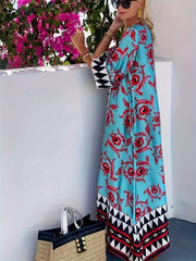 Buy Women's V-Neck Geometric Print Loose Fit Maxi Dress - Beach Vacation Style w/Short Sleeves