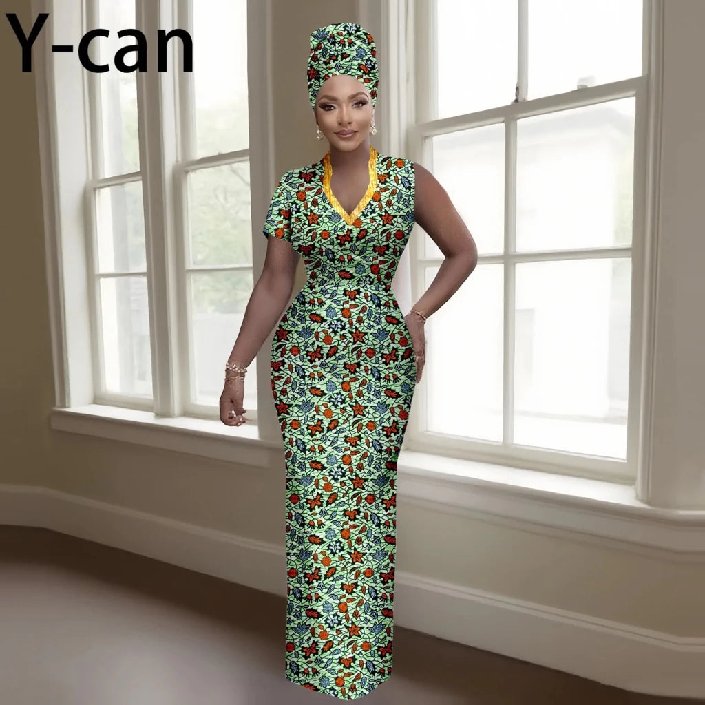 Women’s Luxury Dashiki Ankara Maxi Dress with Headwrap - Free Delivery Worldwide only at Flexi Africa