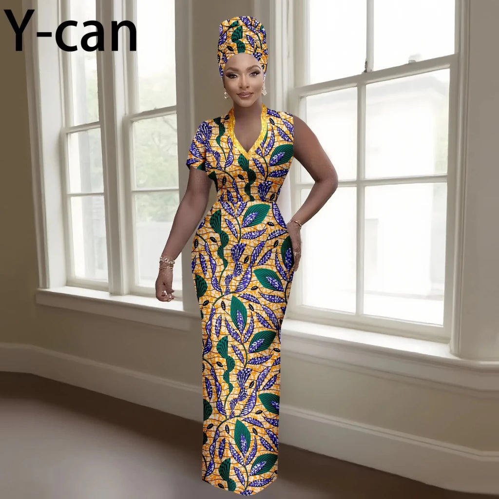 Women’s Luxury Dashiki Ankara Maxi Dress with Headwrap - Free Delivery Worldwide only at Flexi Africa