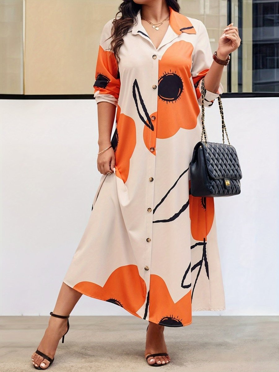 Buy Women's Plus Size Floral Print Button Front Shirt Dress - Long Sleeve, Woven Polyester for only $29.60 at Flexi Africa!